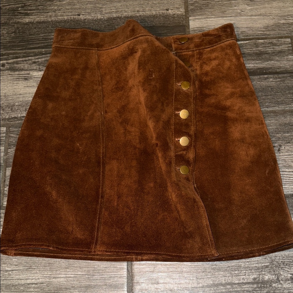 Brown Suede-Style Mini Skirt with Brass Button Trim